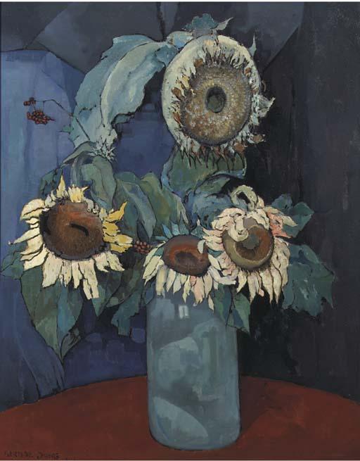 Germ de Jong - A still life with sunflowers in a blue vase