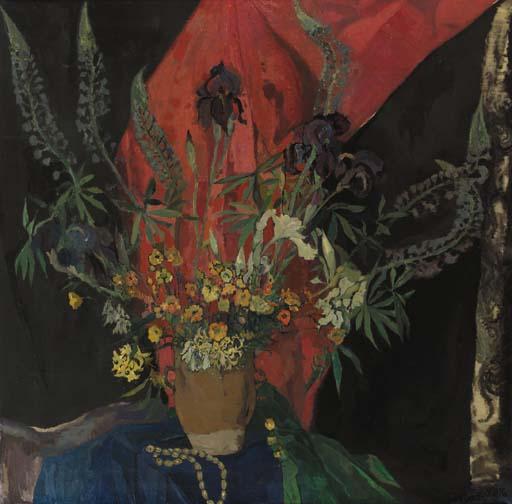 Germ De Jong - Stilleven Met Rooie Lap - A Still Life With Flowers And A Red Cloth