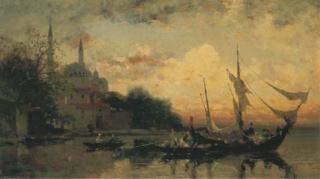 Germain-Fabius Brest - Coucher de Soleil Sur Le Bosphore, Des Bateaux Devant Une Mosquée