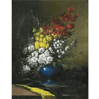 Germain Ribot - French Flowers In A Blue Vase