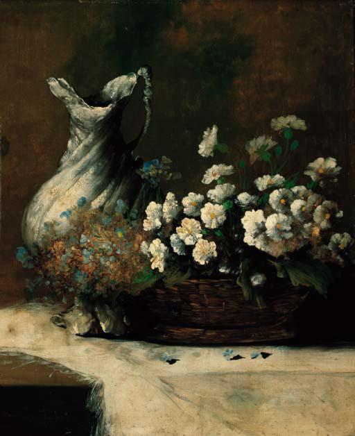 Germain Théodore Ribot - A basket of summer flowers and a waterjug on a table