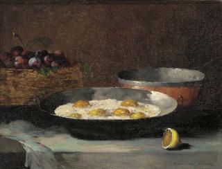 Germain Théodore Ribot - A still life with eggs, plums and a lemon, on a draped ledge