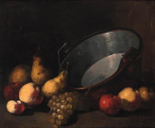 Germain Théodore Ribot - Pears, apples and grapes alongside a cauldron