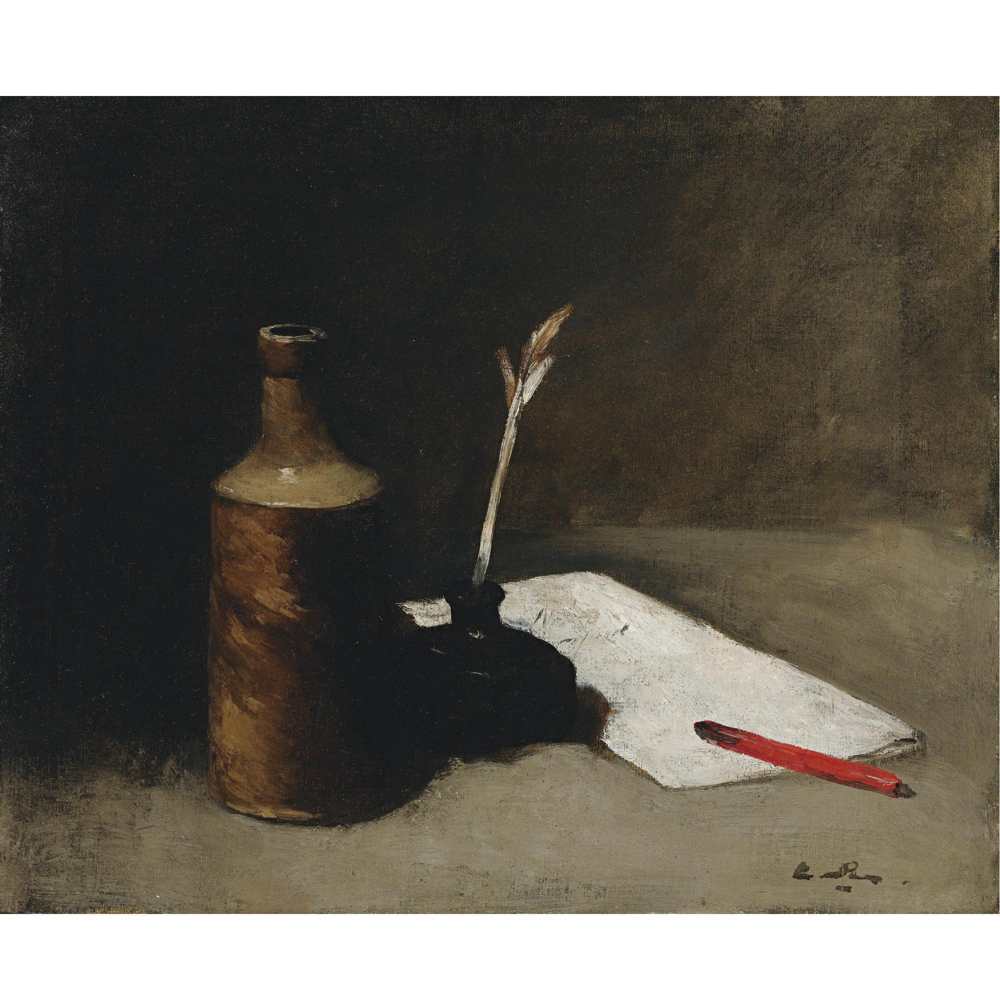 Germain-Théodore Ribot - Still Life With Bottle, Inkpot And Letter