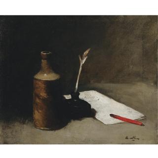 Germain-Théodore Ribot - Still Life With Bottle, Inkpot And Letter