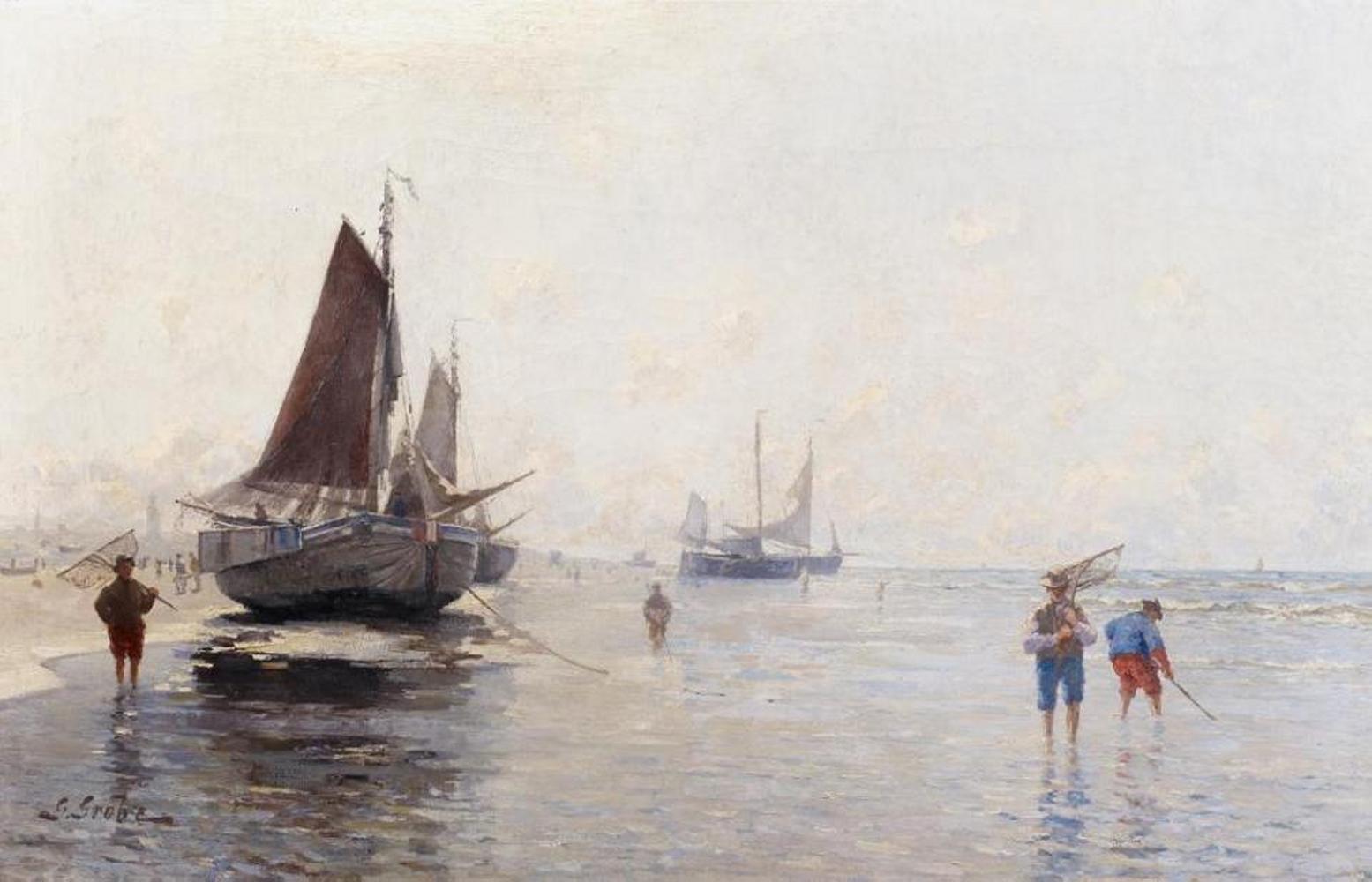 German Grobe - Am Strand vor Scheveningen. Krabbenfischer neben aufliegenden Booten