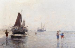 German Grobe - Am Strand vor Scheveningen. Krabbenfischer neben aufliegenden Booten