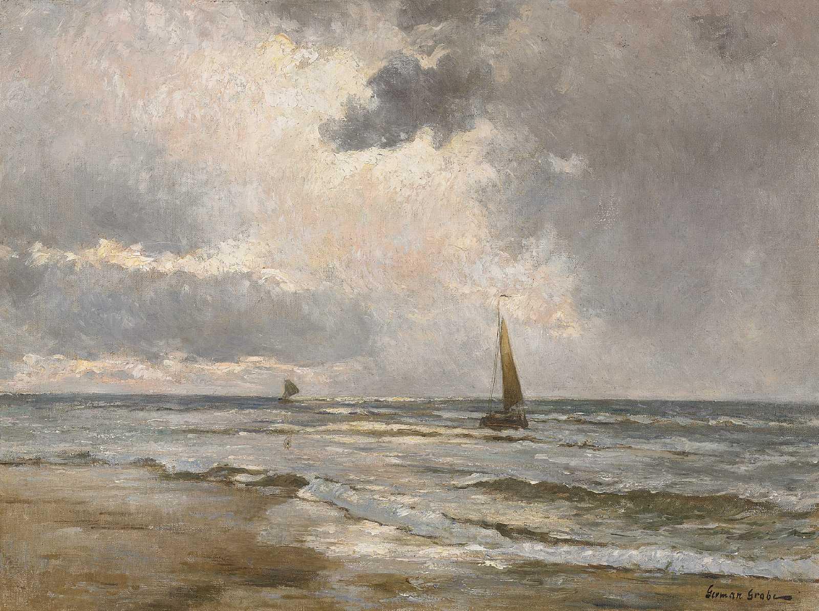 German Grobe - Fischerboote in der Brandung