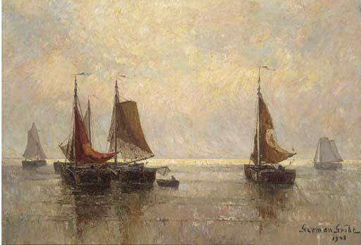 German Grobe - Moored bomschuiten at dusk