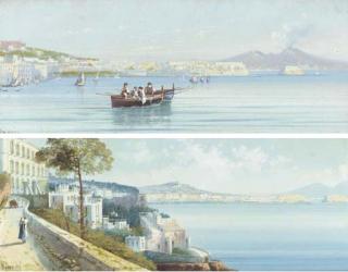 Gerolamo Gianni - A row boat off the coast of Naples; and A view of the coast of Naples with figures strolling along a pathway