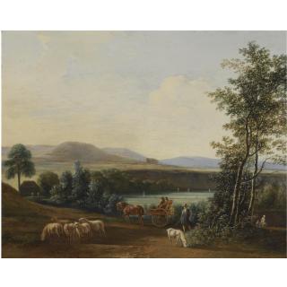 Gerrit Adriaensz. Berckheyde - An Extensive Hilly Landscape With A Horse-Drawn Carriage With Elegant Figures Riding Along Fields, A Shepherd With His Flock Of Sheep In The Foreground