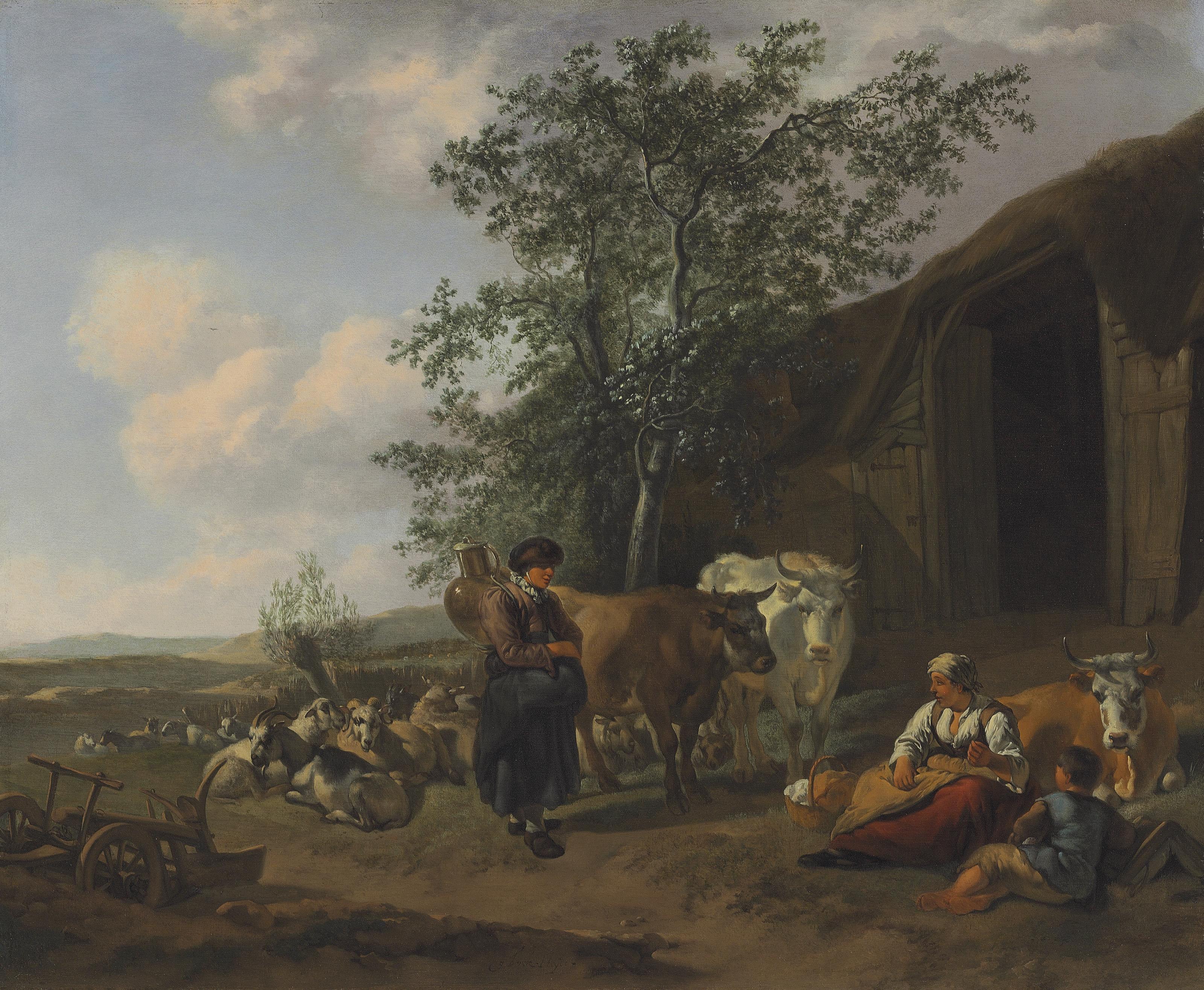 Gerrit Adriaensz. Berckheyde - An Italianate Landscape With Peasants Outside A Barn
