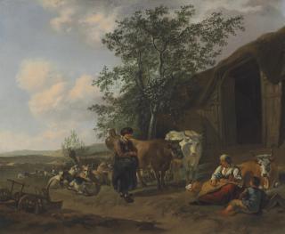 Gerrit Adriaensz. Berckheyde - An Italianate Landscape With Peasants Outside A Barn