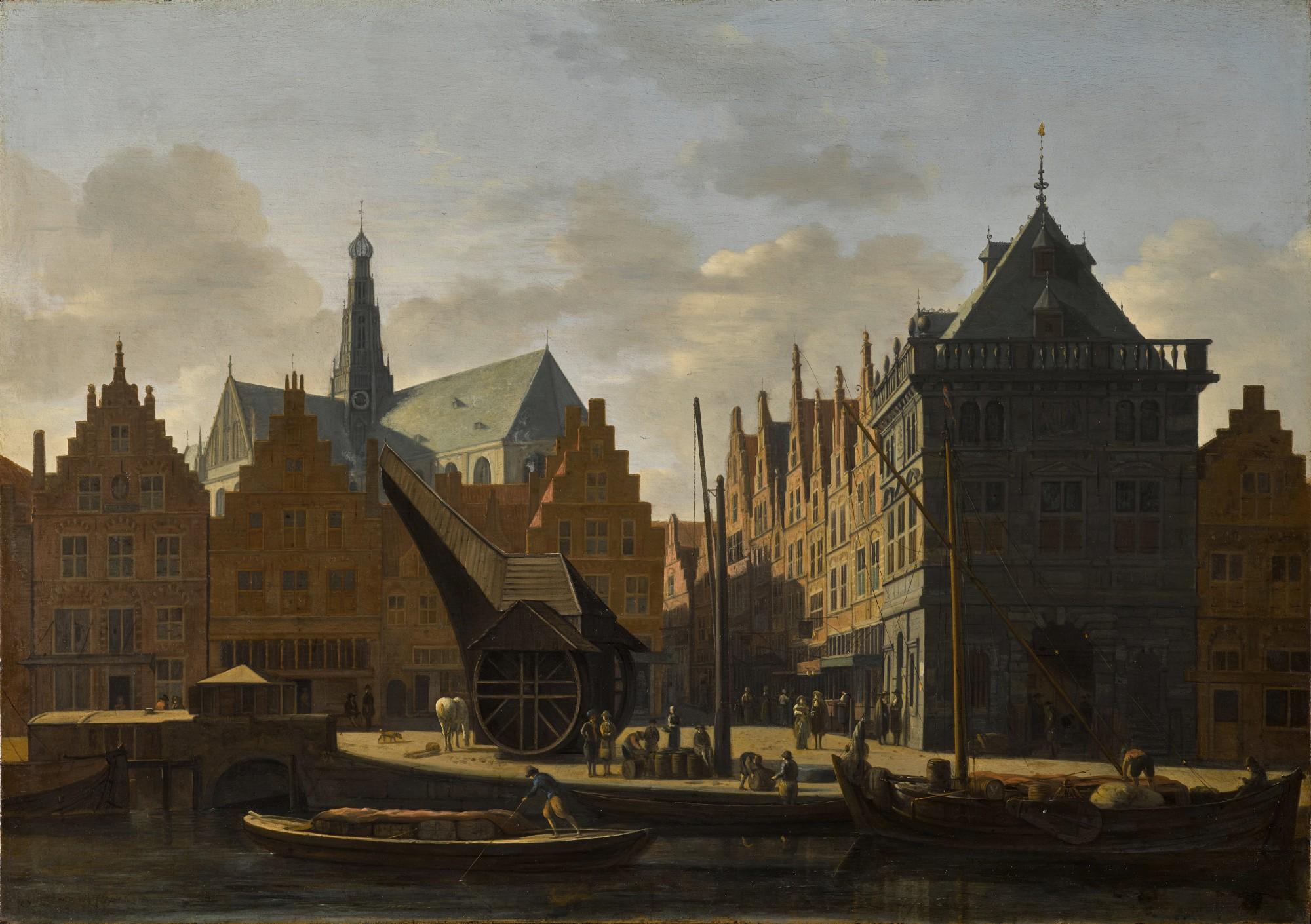 Gerrit Adriaensz. Berckheyde - Haarlem, a view from the Spaarne river looking towards the cathedral of St Bavo, with the Damstraat and the Waag