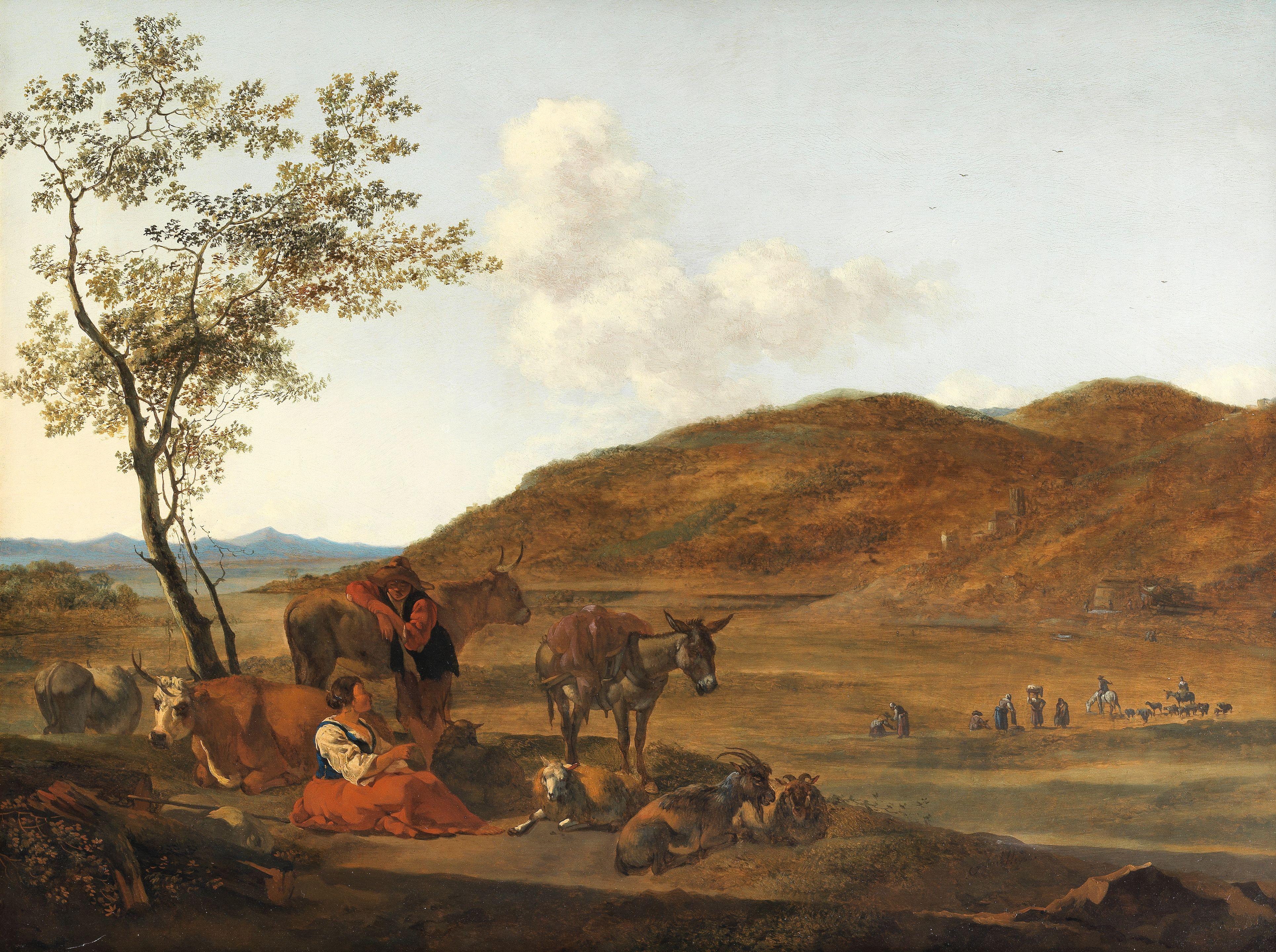 Gerrit Adriaensz. Berckheyde - Peasants resting with their animals in an Italianate landscape