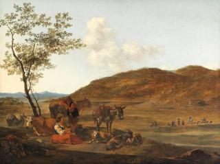 Gerrit Adriaensz. Berckheyde - Peasants resting with their animals in an Italianate landscape