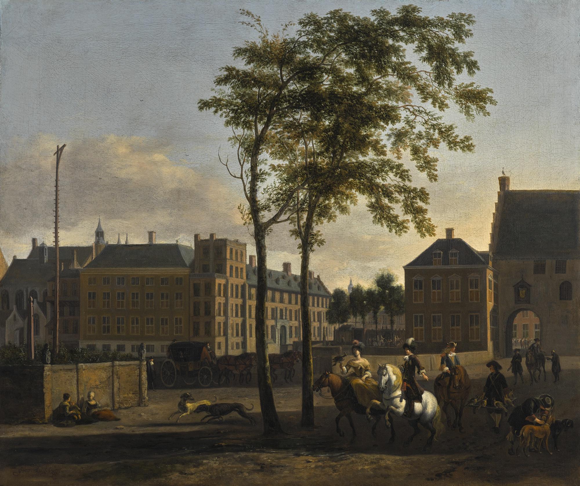 Gerrit Adriaensz. Berckheyde - The Hague, A View Of The Plaats And The Buitenhof, With An Elegant Hawking Party