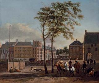 Gerrit Adriaensz. Berckheyde - The Plaats with the Buitenhof and the Gevangenpoort, The Hague, with an elegant hawking party