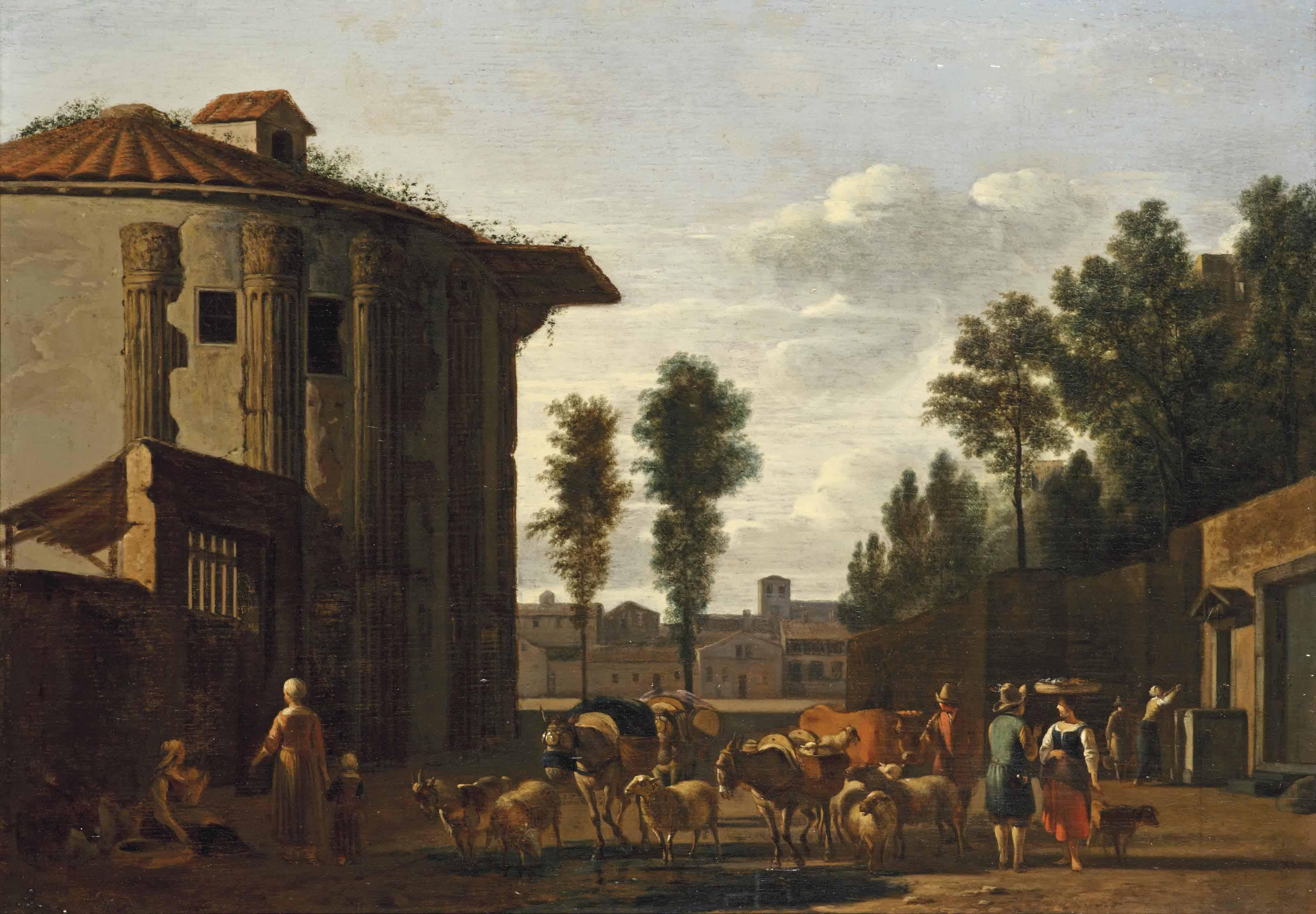 Gerrit Adriaensz. Berckheyde - The Temple Of Vesta, Rome, With A Herdsman And Other Figures