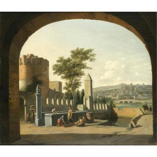 Gerrit Adriaensz. Berckheyde - Women Gathered Around A Fountain Outside A Castle With A Gentleman Approaching On Horseback With His Footman