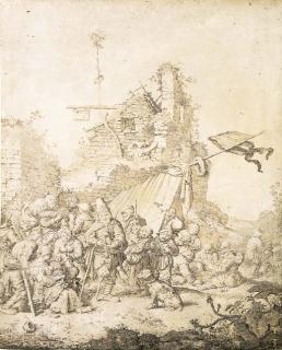 Gerrit Adriaensz. De Heer - A Beggar Playing The Bagpipes For Villagers Before The Ruins Of An Inn