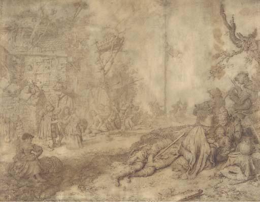 Gerrit Adriaensz. de Heer - A village scene with peasants relaxing under a tree to the left, others dancing around a maypole beyond