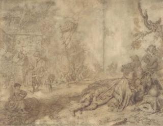 Gerrit Adriaensz. de Heer - A village scene with peasants relaxing under a tree to the left, others dancing around a maypole beyond