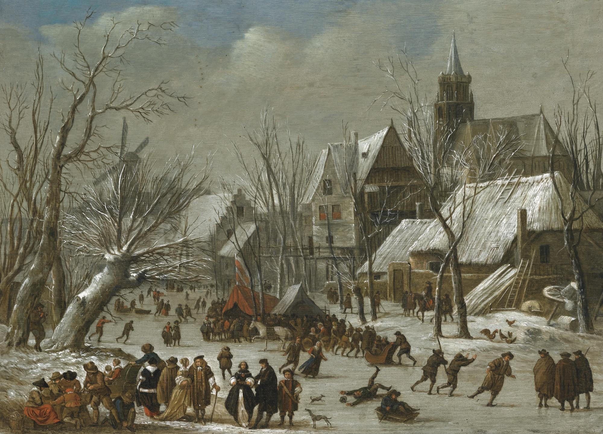 Gerrit Battem - A Winter Landscape With Figures On A Frozen Canal