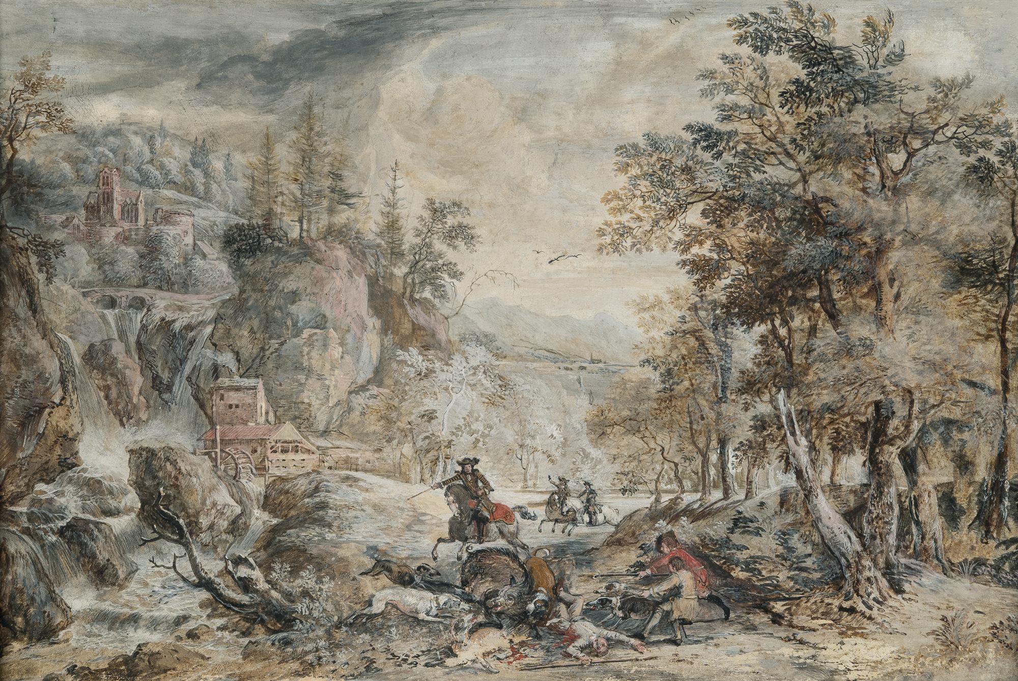 Gerrit Battem - Felslandschaft mit Gebirgsbach und Mühle, im Vordergrund eine Wildschweinjagd