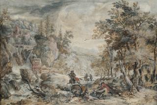 Gerrit Battem - Felslandschaft mit Gebirgsbach und Mühle, im Vordergrund eine Wildschweinjagd
