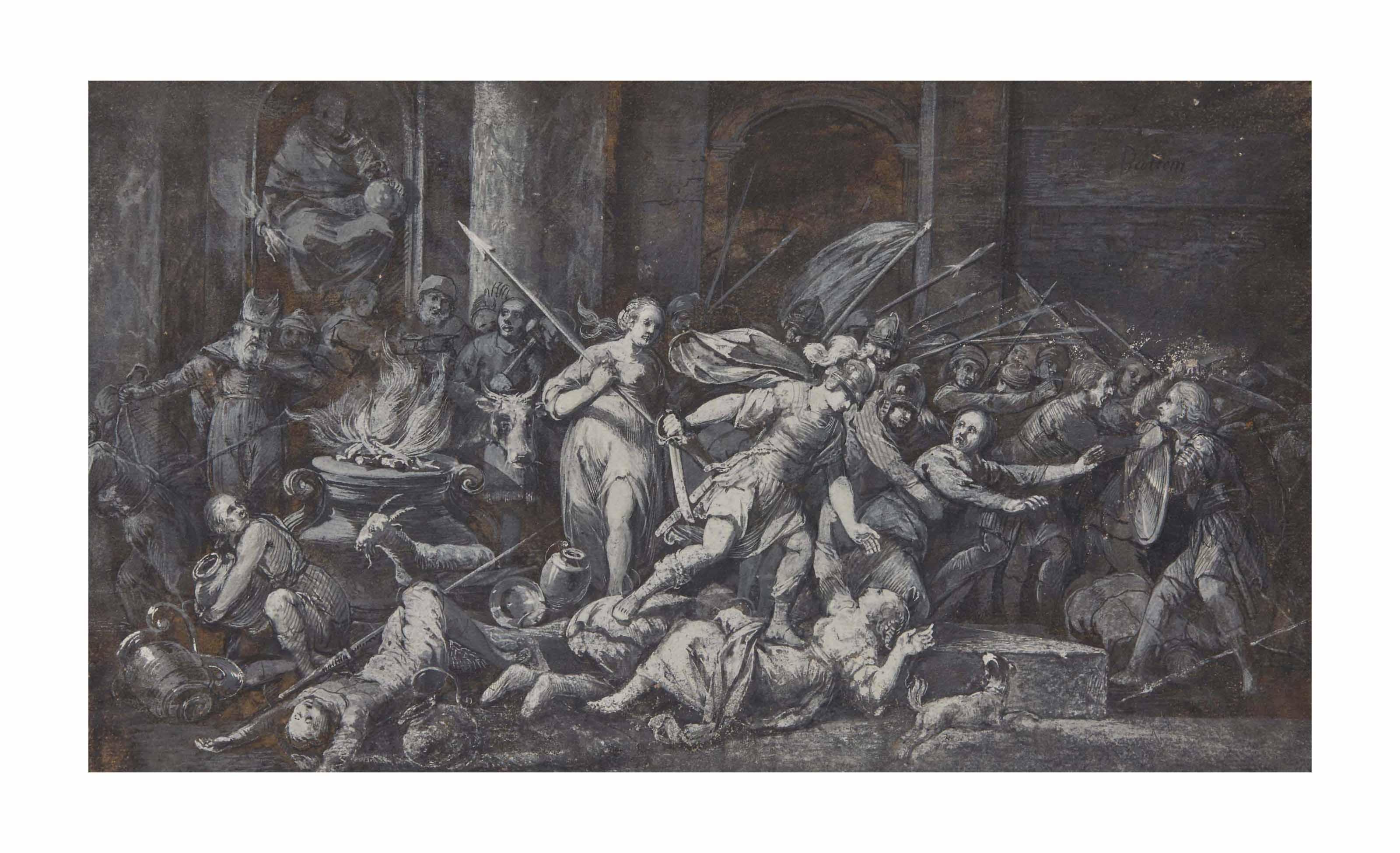 Gerrit Battem - Scène de combat autour d\'un autel de sacrifice