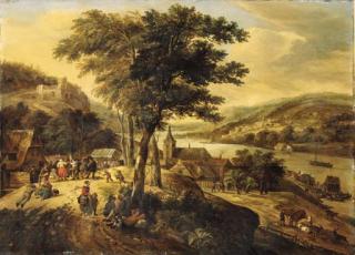 Gerrit Battem - Travellers resting by a tree with peasants dancing to the music of a violinist, cowherds nearby, in a Rhenish landscape