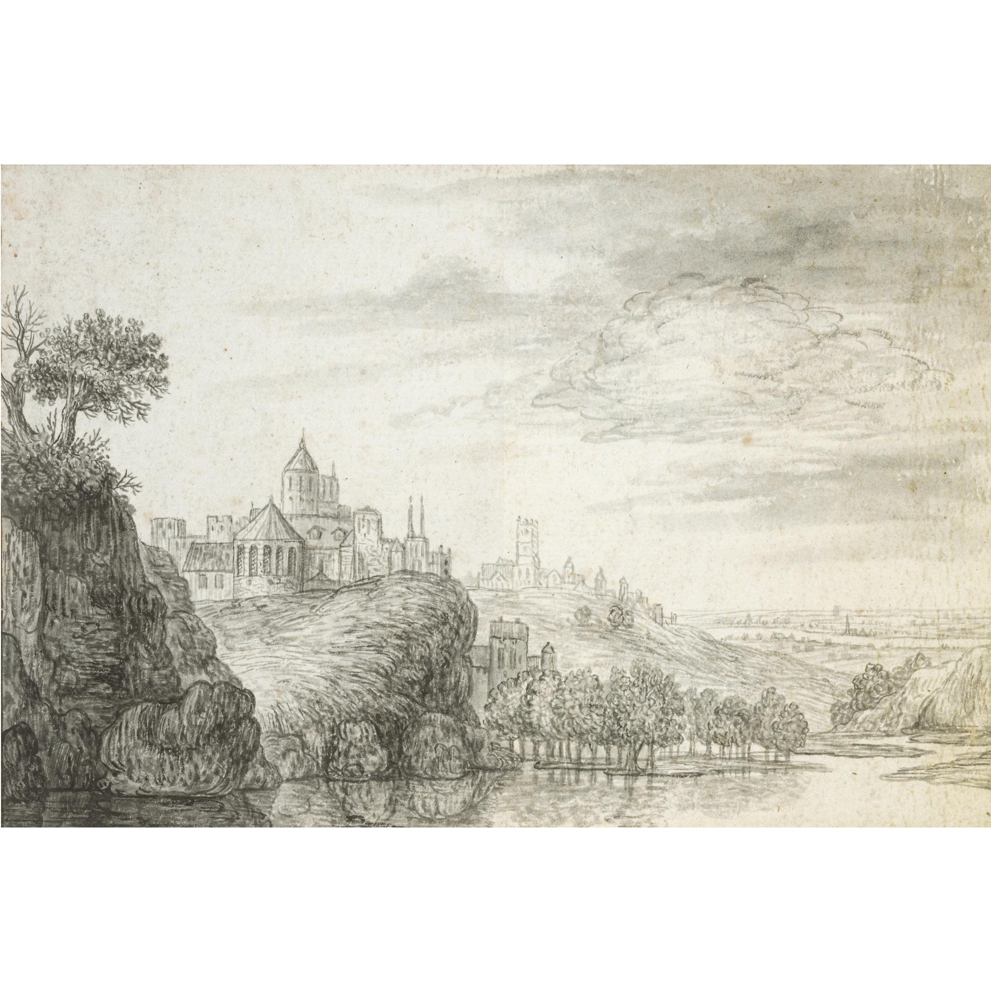 Gerrit Battem - View Of A Town, With Church And Castle Buildings Above A River