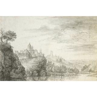 Gerrit Battem - View Of A Town, With Church And Castle Buildings Above A River