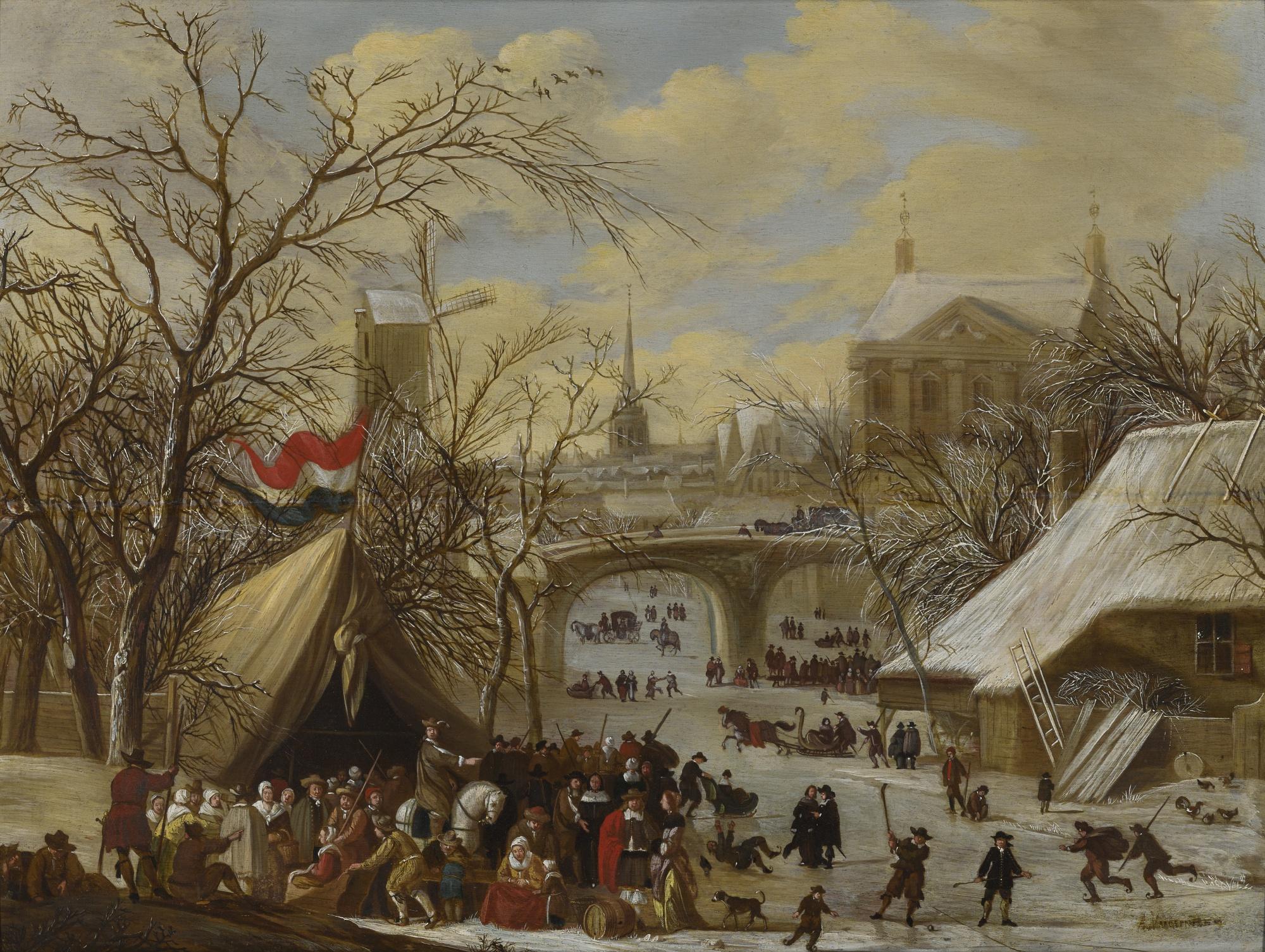 Gerrit Battem - Winter Townscape With A Military Encampment And Figures Skating On The Frozen River