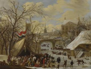 Gerrit Battem - Winter Townscape With A Military Encampment And Figures Skating On The Frozen River