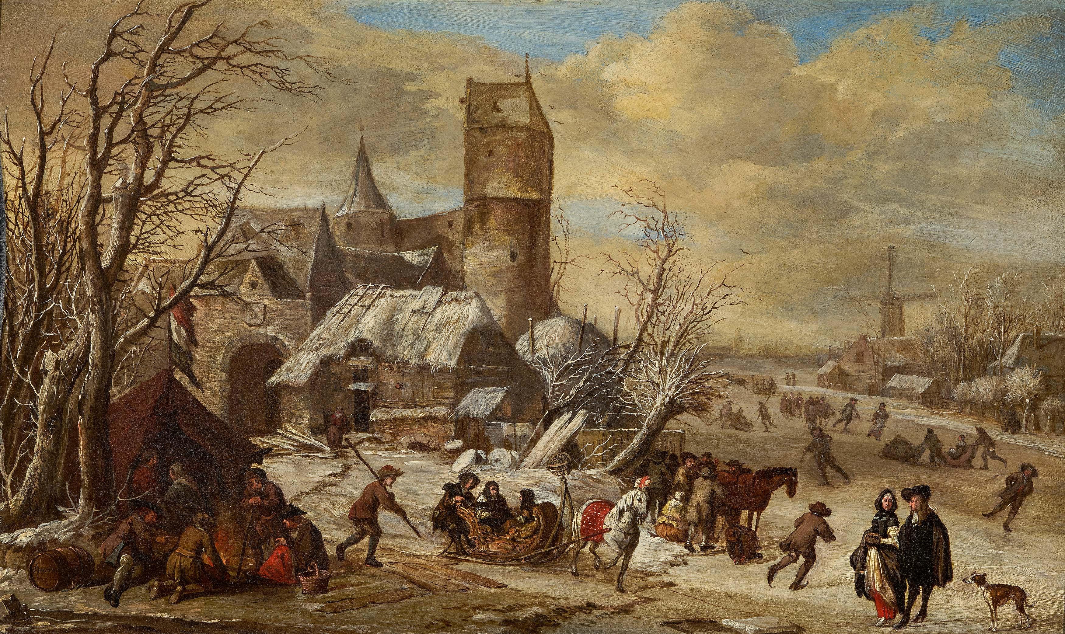 Gerrit Battem - Winterlandschaft mit Personen vor einem Zelt, in einem Pferdeschlitten und auf dem Eis.