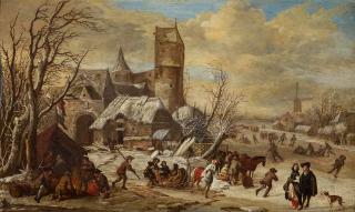 Gerrit Battem - Winterlandschaft mit Personen vor einem Zelt, in einem Pferdeschlitten und auf dem Eis.