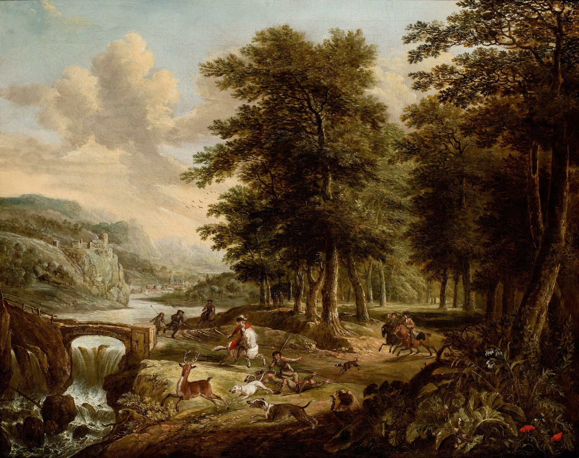 Gerrit Battem - Wooded landscape with a stag hunt near a waterfall