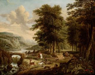 Gerrit Battem - Wooded landscape with a stag hunt near a waterfall
