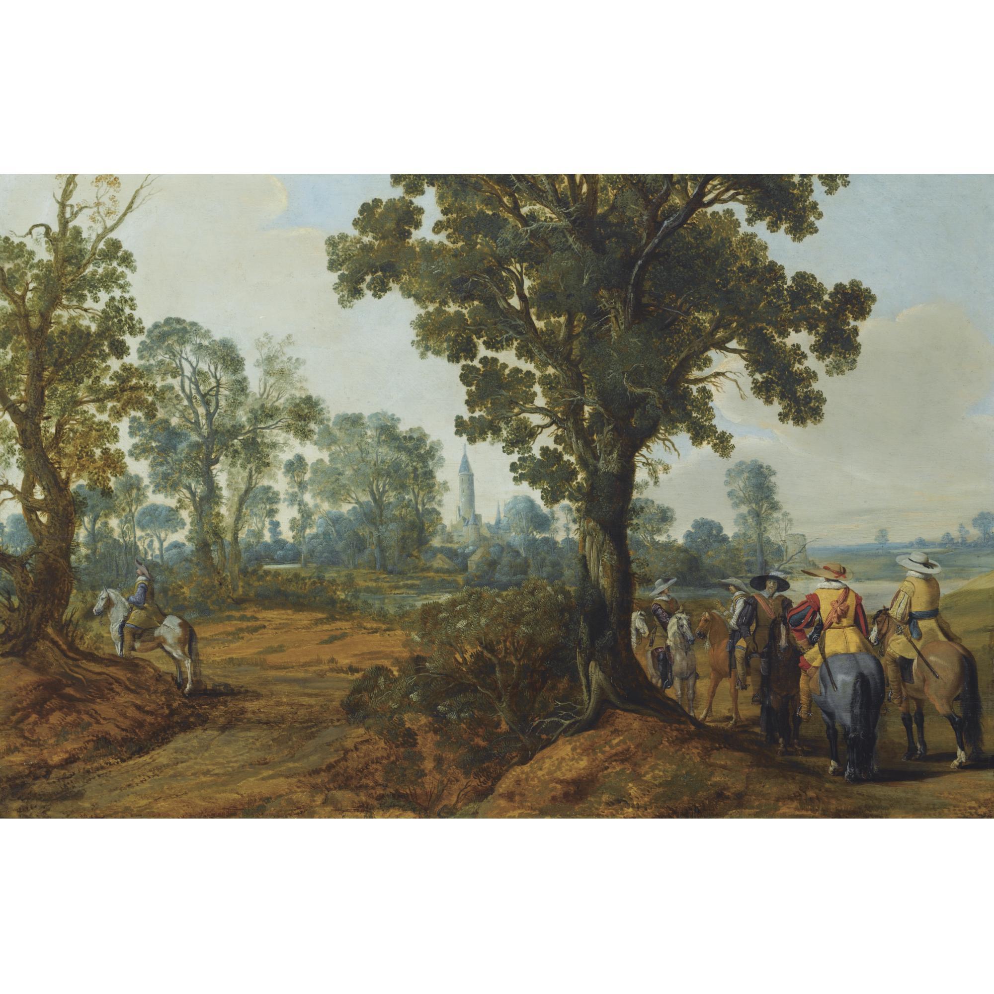 Gerrit Claesz. Bleker - A Wooded Landscape With Mounted Soldiers, A Church Tower Beyond