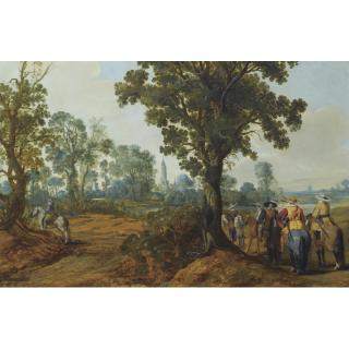 Gerrit Claesz. Bleker - A Wooded Landscape With Mounted Soldiers, A Church Tower Beyond