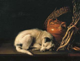 Gerrit Dou - A sleeping dog beside a terracotta jug, a basket, a pair of clogs and a pile of kindling wood