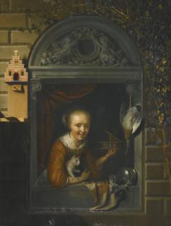 Gerrit Dou - A Young Girl At A Window Ledge With A Cat And A Mouse-Trap, A Hung Duck And A Pewter Ewer Beside Her