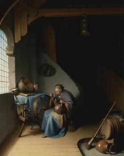 Gerrit Dou - An Elderly Woman, Seated By A Window At Her Spinning Wheel, Eating Porridge