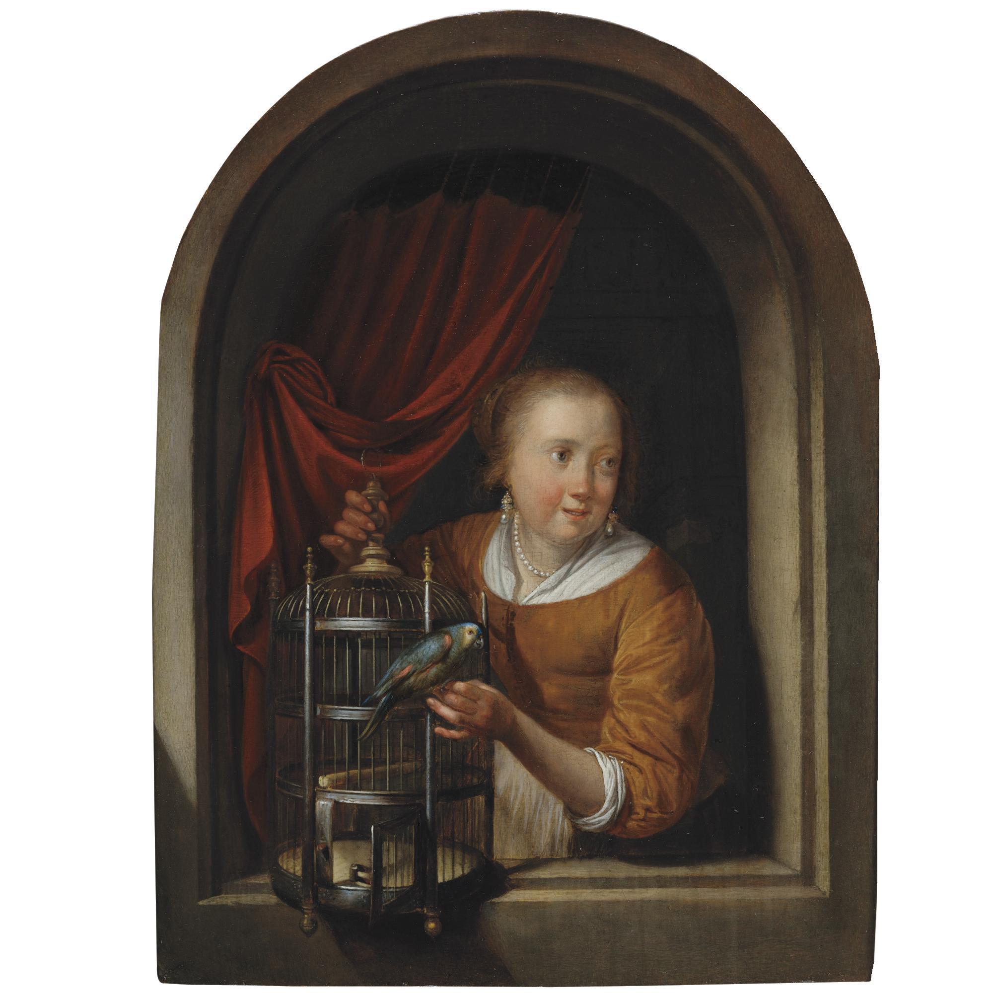 Gerrit Dou - Young Girl With A Perroquet In A Niche