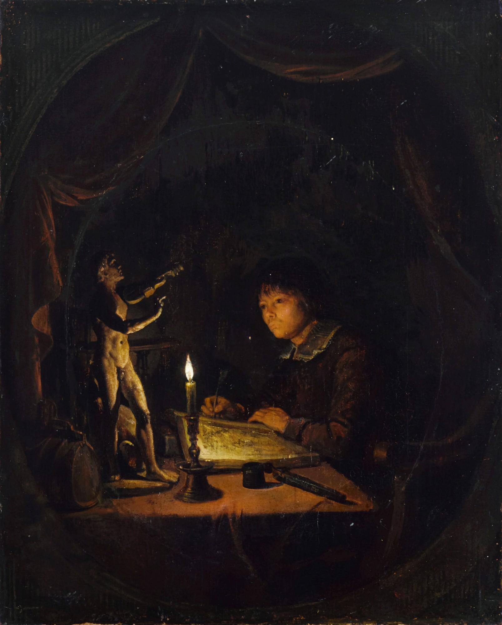 Gerrit Dou - Young man drawing by candlelight