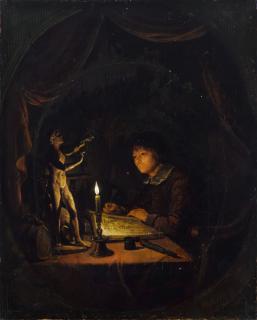 Gerrit Dou - Young man drawing by candlelight