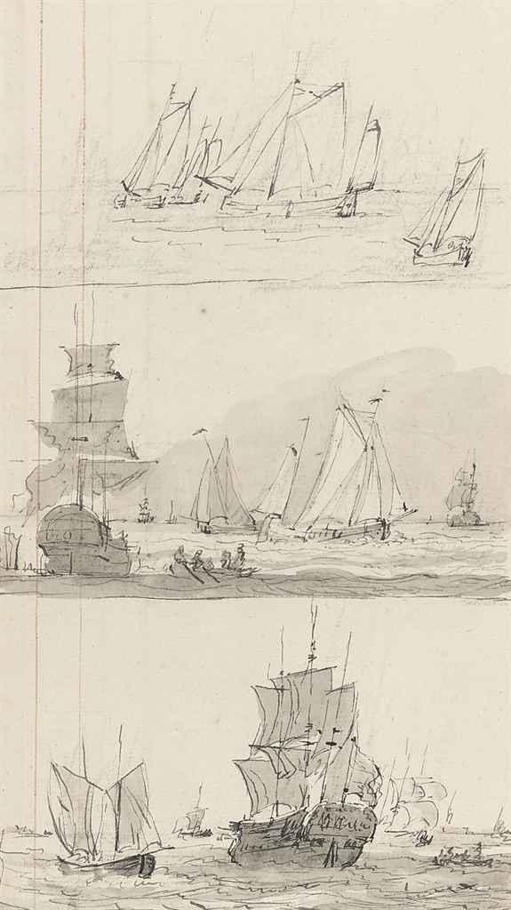 Gerrit Groenewegen - Three studies of Dutch shipping (recto) and (verso)