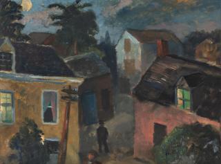 Gerrit Hondius - Evening Street Scene Signed \'Hondius\' lower left. Gouache on paper/board, matted and framed. sight 11 1/2 x 15 1/2 in. (29.3 x 39.4 cm)